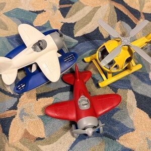 3 Green toy bundle - helicopter, floatplane, wheel plane